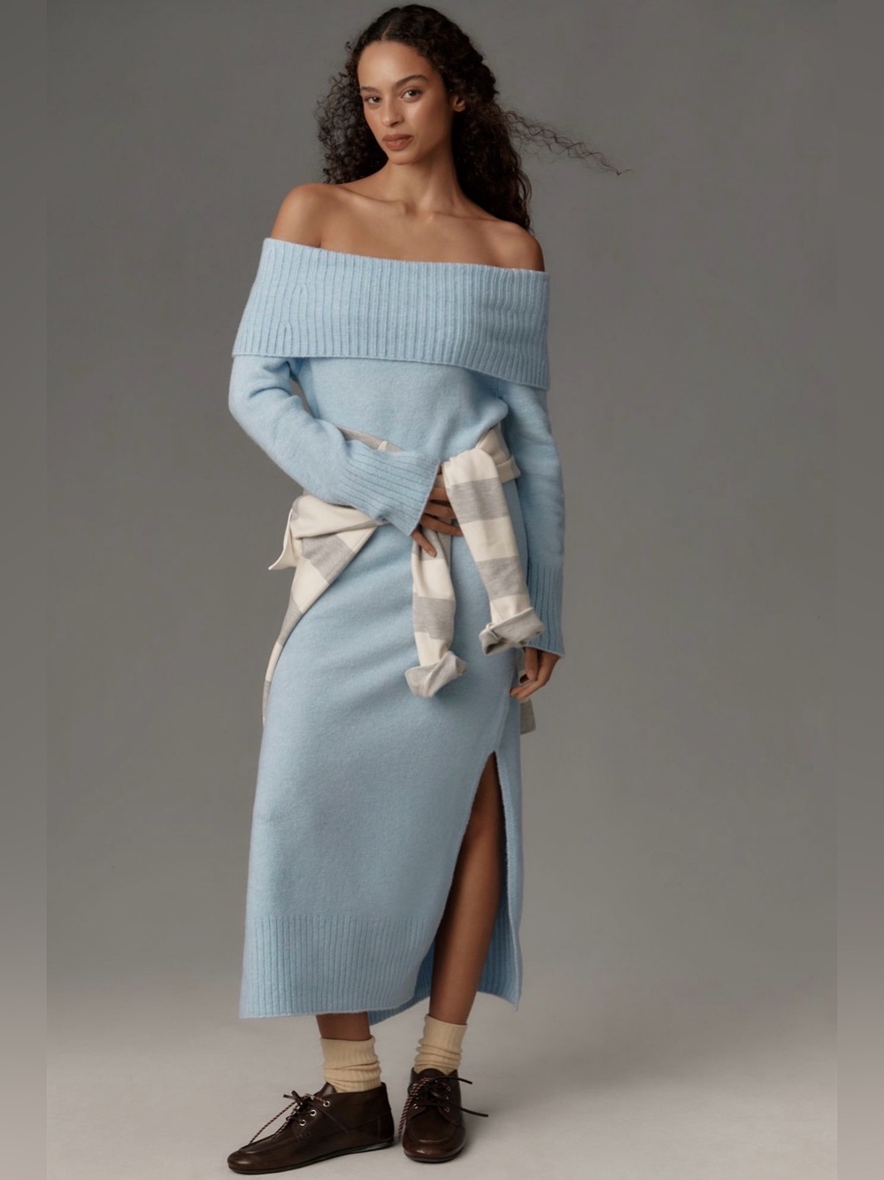 Daily Practice Off-Shoulder Light Blue Ribbed Knit Sweater Dress